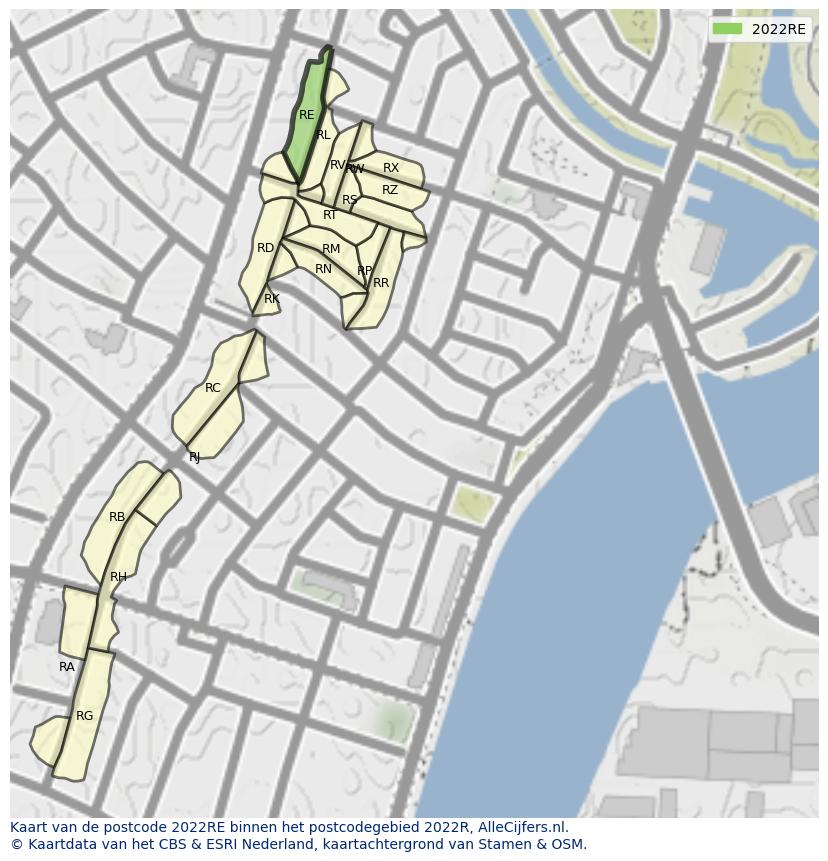 Afbeelding van het postcodegebied 2022 RE op de kaart.