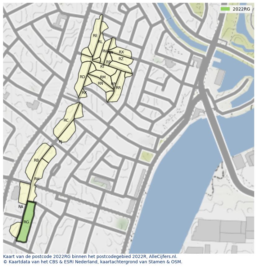 Afbeelding van het postcodegebied 2022 RG op de kaart.
