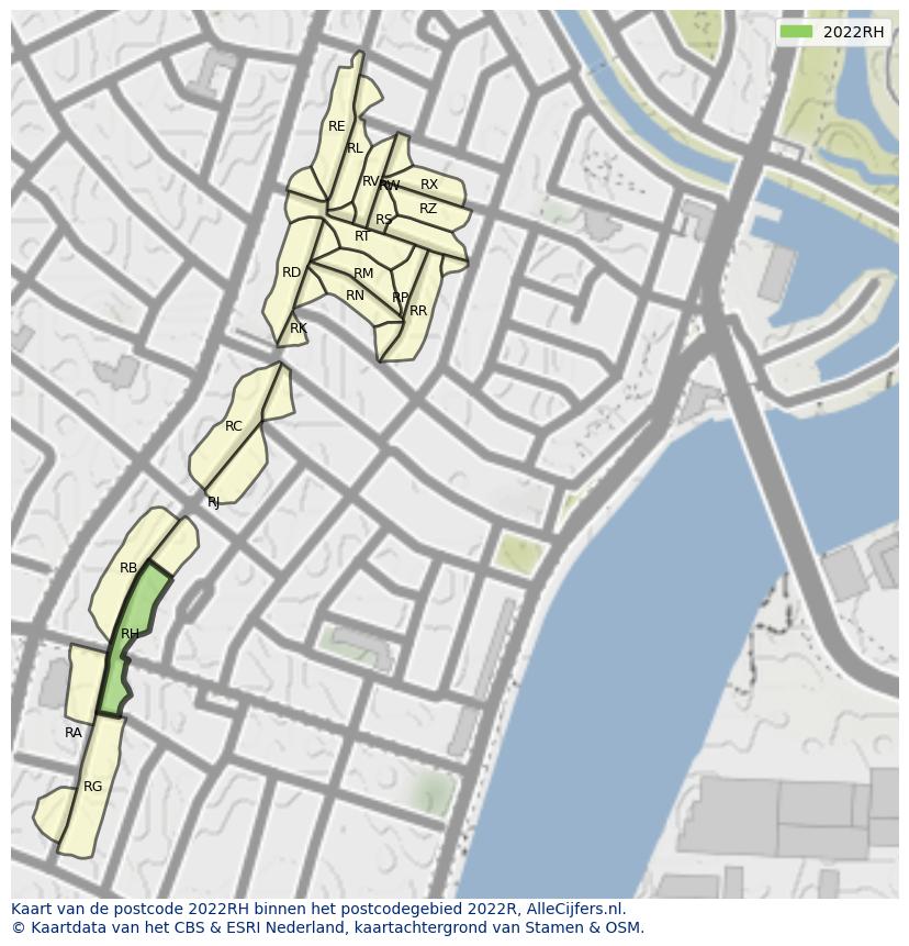 Afbeelding van het postcodegebied 2022 RH op de kaart.