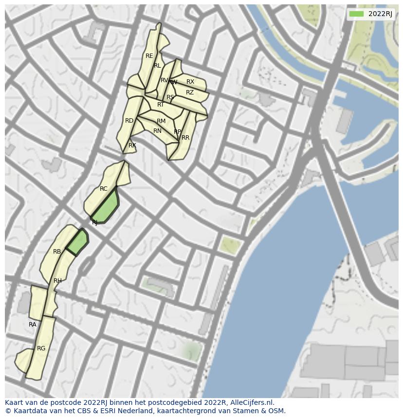 Afbeelding van het postcodegebied 2022 RJ op de kaart.
