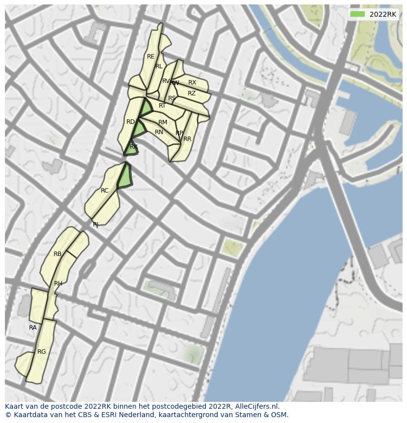 Afbeelding van het postcodegebied 2022 RK op de kaart.