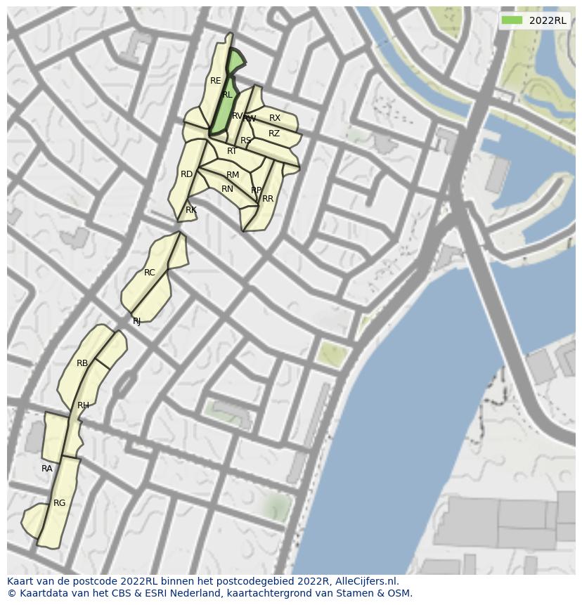 Afbeelding van het postcodegebied 2022 RL op de kaart.