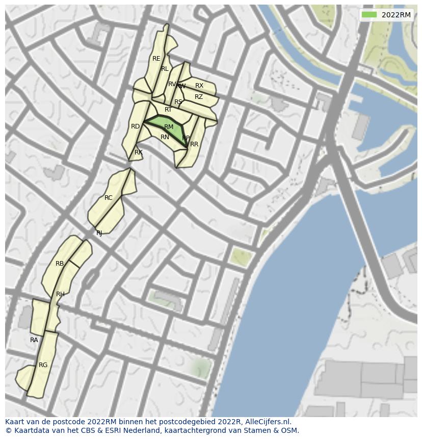Afbeelding van het postcodegebied 2022 RM op de kaart.