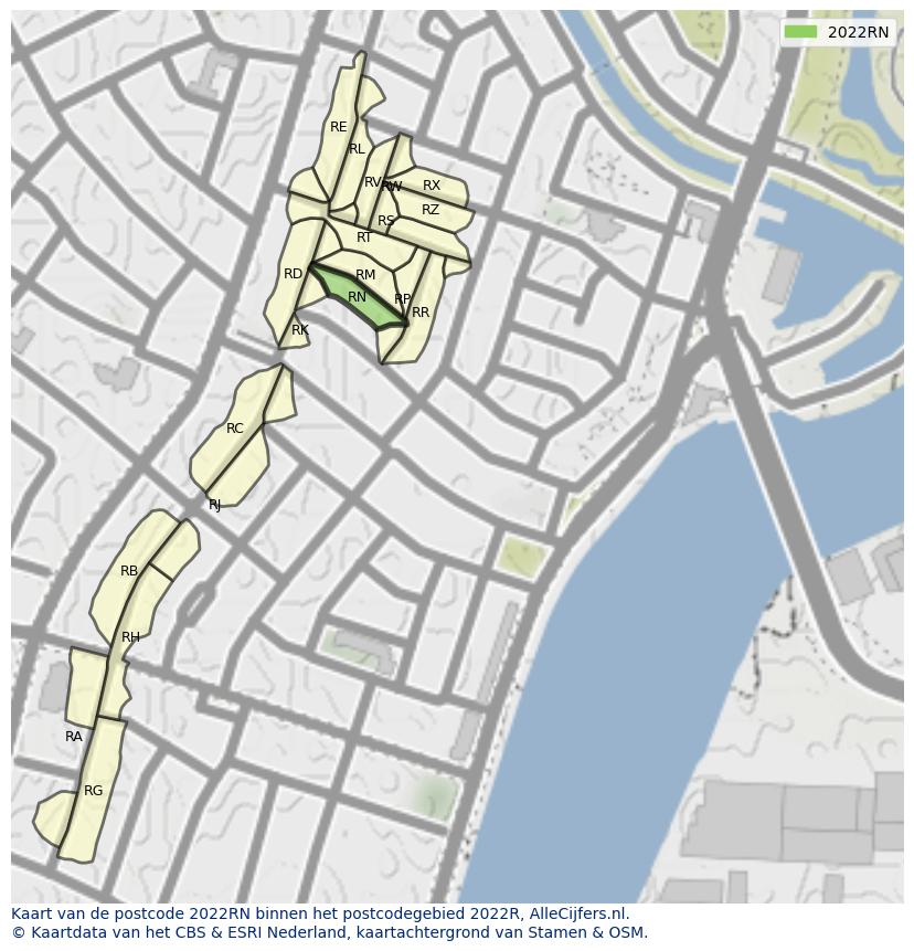 Afbeelding van het postcodegebied 2022 RN op de kaart.