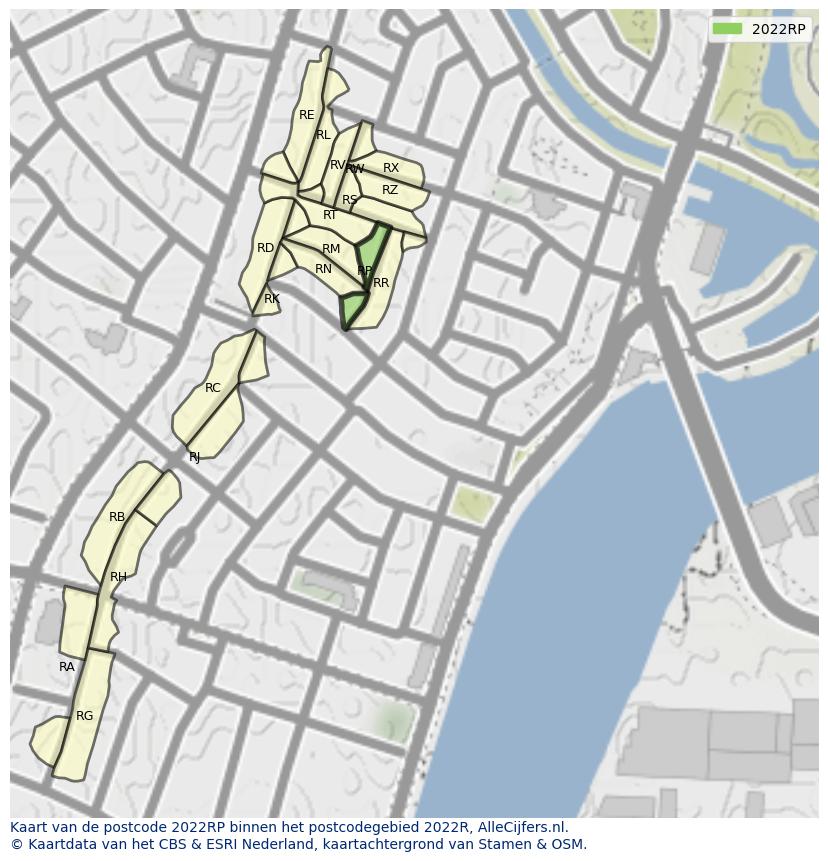Afbeelding van het postcodegebied 2022 RP op de kaart.