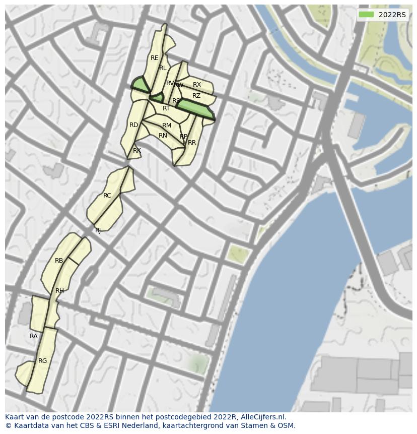 Afbeelding van het postcodegebied 2022 RS op de kaart.