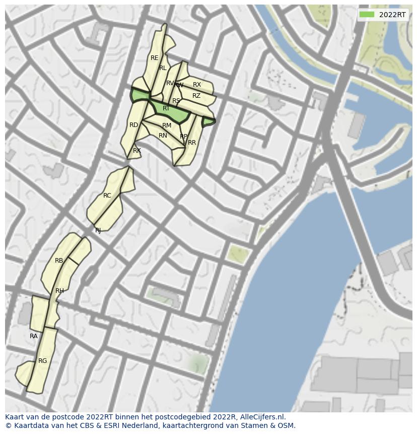 Afbeelding van het postcodegebied 2022 RT op de kaart.
