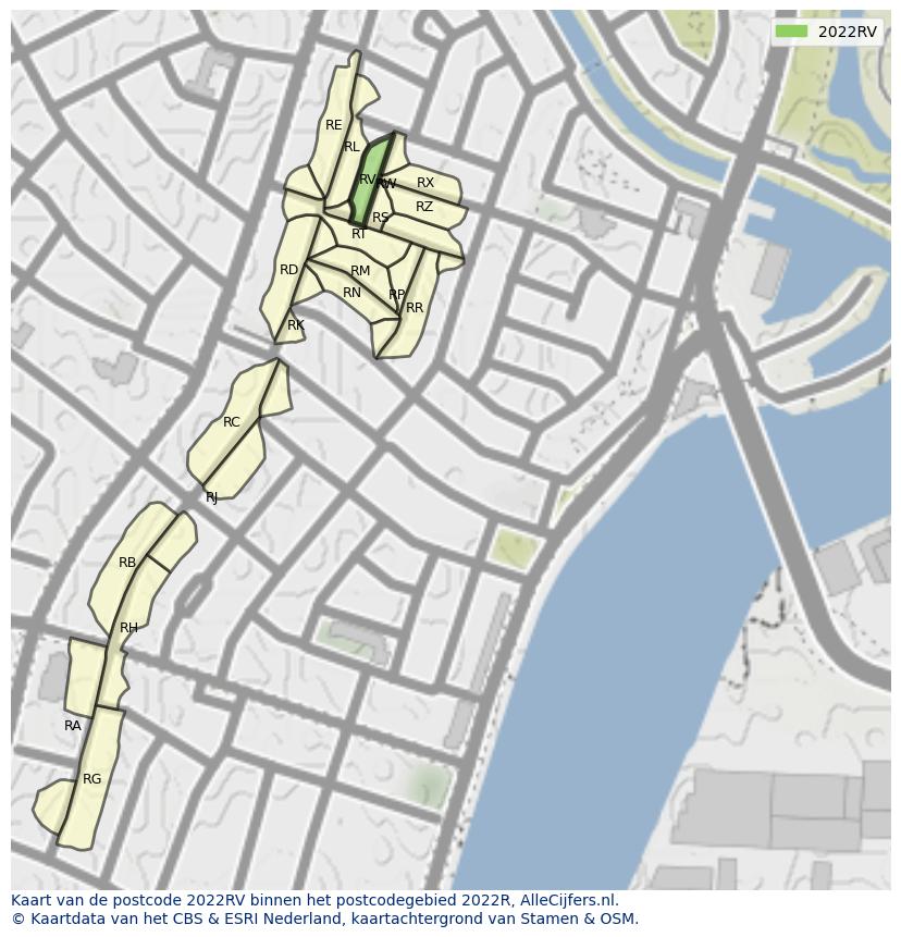 Afbeelding van het postcodegebied 2022 RV op de kaart.