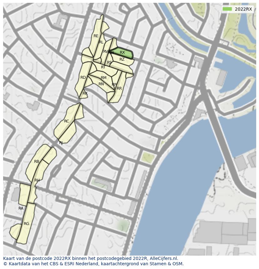 Afbeelding van het postcodegebied 2022 RX op de kaart.