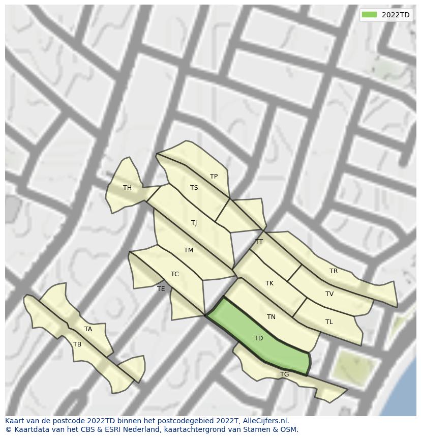 Afbeelding van het postcodegebied 2022 TD op de kaart.