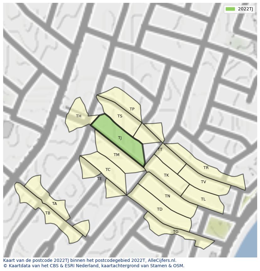 Afbeelding van het postcodegebied 2022 TJ op de kaart.