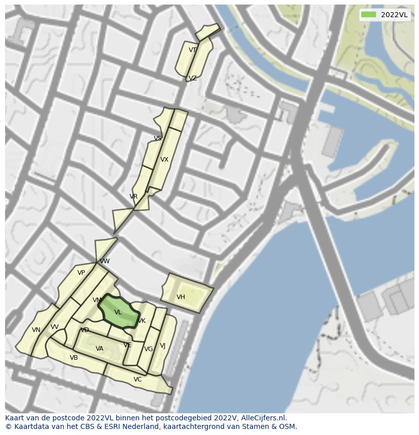 Afbeelding van het postcodegebied 2022 VL op de kaart.