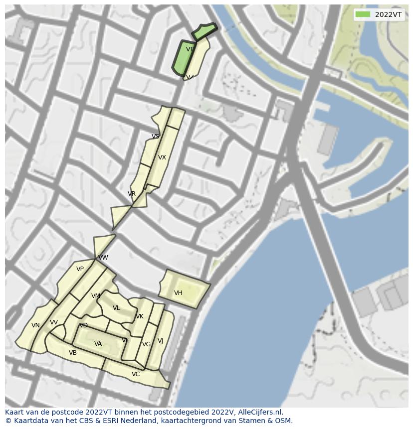 Afbeelding van het postcodegebied 2022 VT op de kaart.