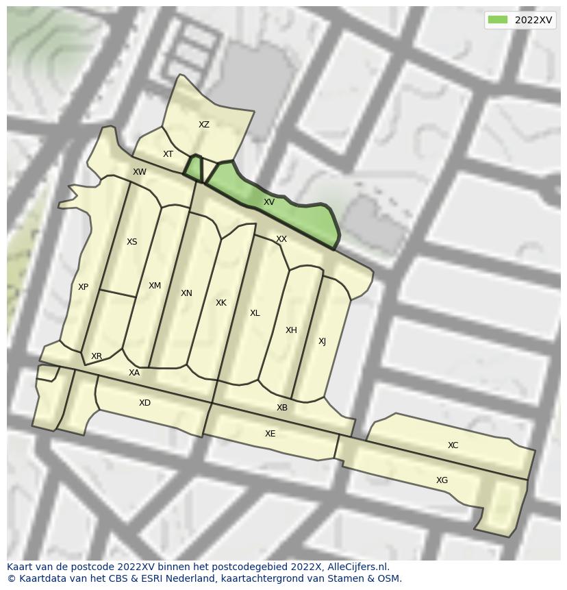Afbeelding van het postcodegebied 2022 XV op de kaart.