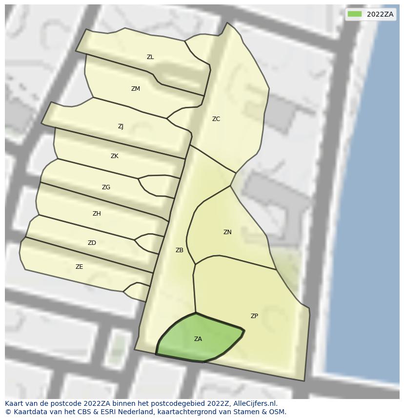 Afbeelding van het postcodegebied 2022 ZA op de kaart.
