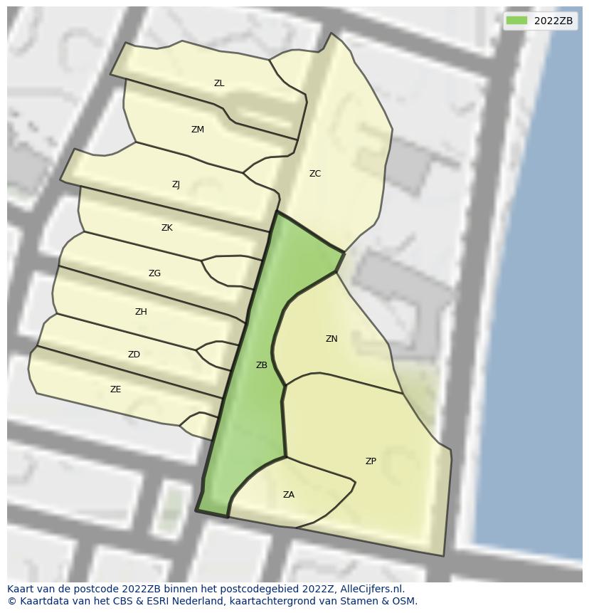 Afbeelding van het postcodegebied 2022 ZB op de kaart.