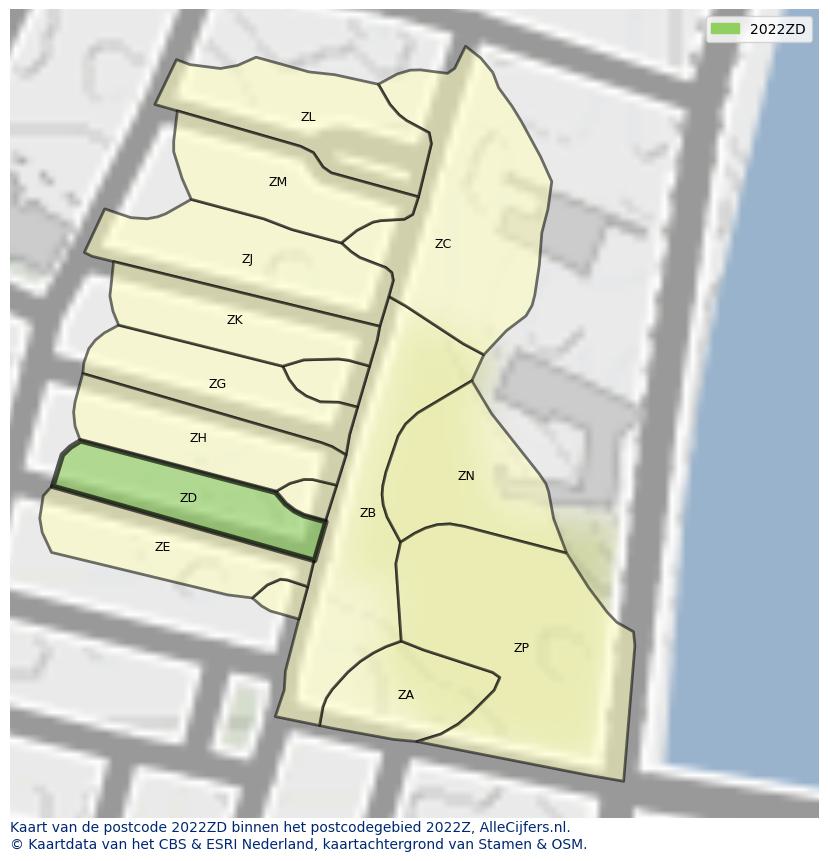Afbeelding van het postcodegebied 2022 ZD op de kaart.