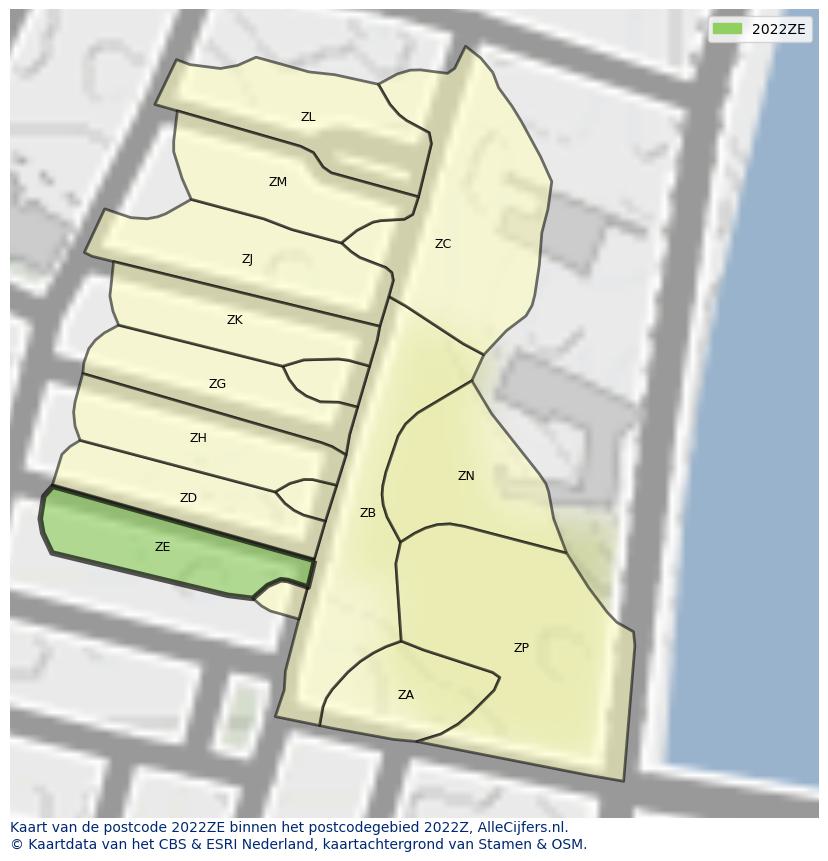 Afbeelding van het postcodegebied 2022 ZE op de kaart.