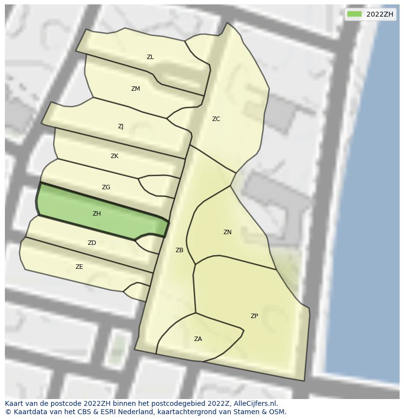 Afbeelding van het postcodegebied 2022 ZH op de kaart.