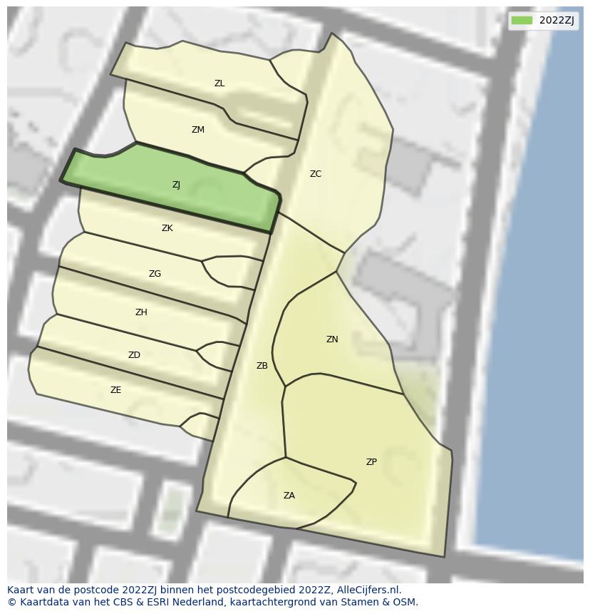 Afbeelding van het postcodegebied 2022 ZJ op de kaart.