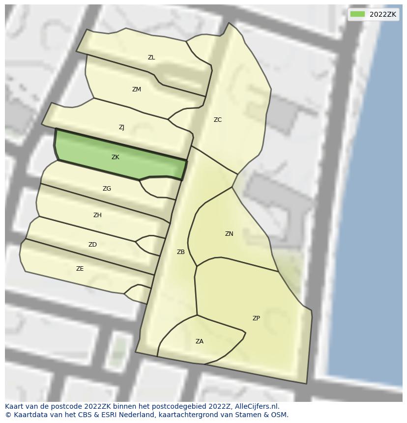 Afbeelding van het postcodegebied 2022 ZK op de kaart.
