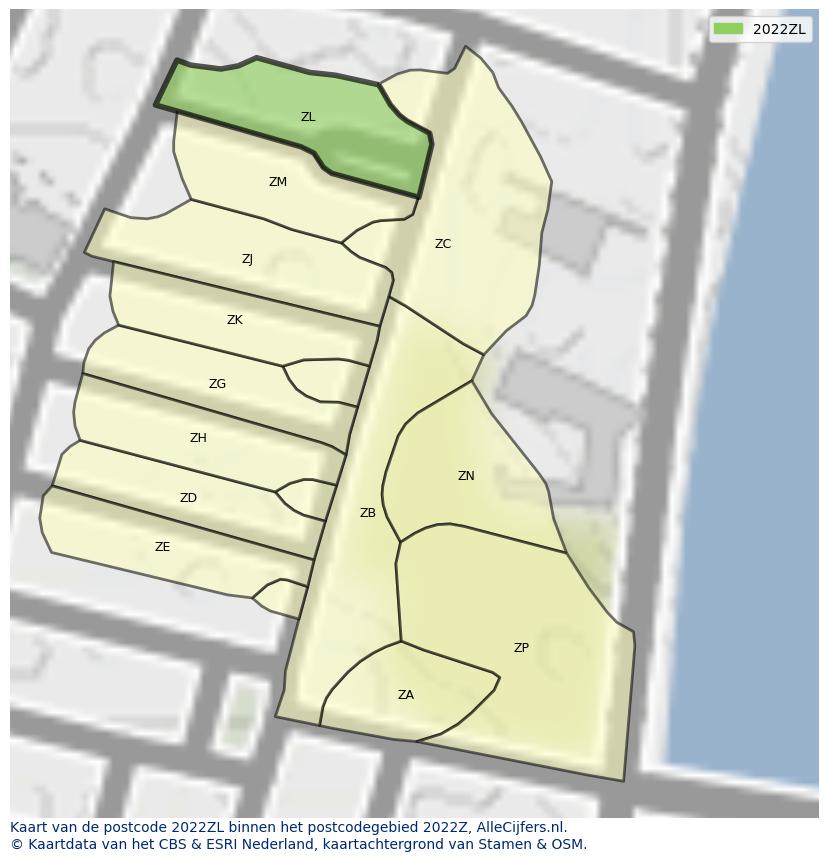 Afbeelding van het postcodegebied 2022 ZL op de kaart.