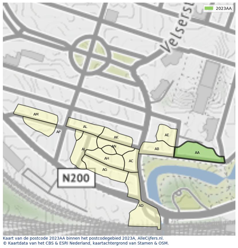 Afbeelding van het postcodegebied 2023 AA op de kaart.