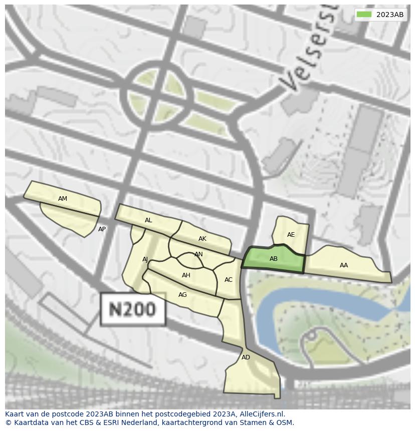 Afbeelding van het postcodegebied 2023 AB op de kaart.