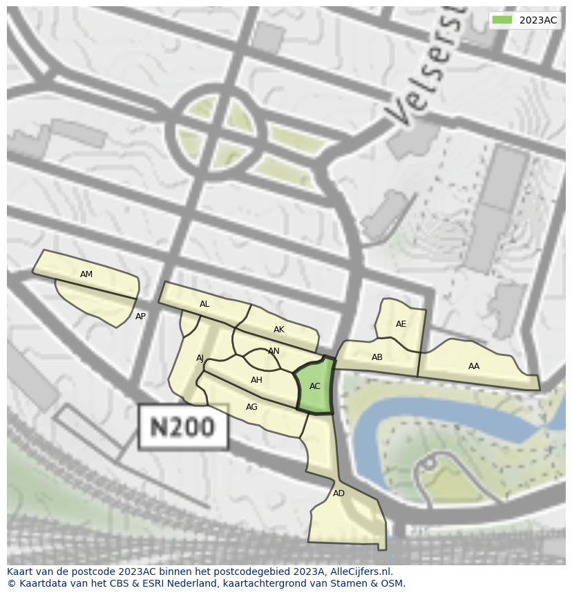Afbeelding van het postcodegebied 2023 AC op de kaart.