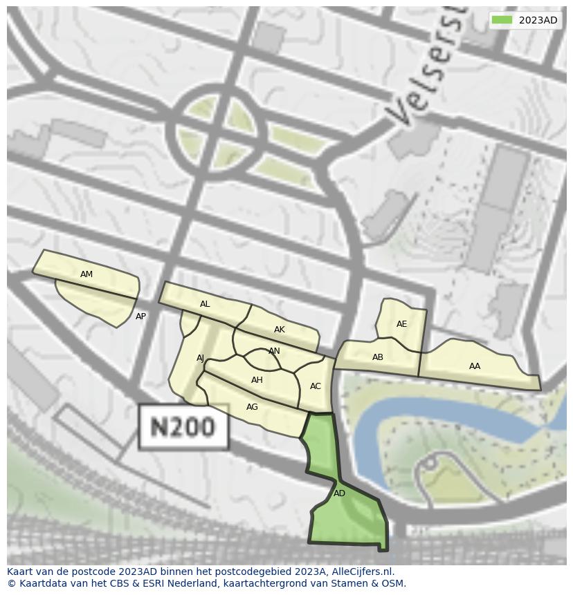 Afbeelding van het postcodegebied 2023 AD op de kaart.
