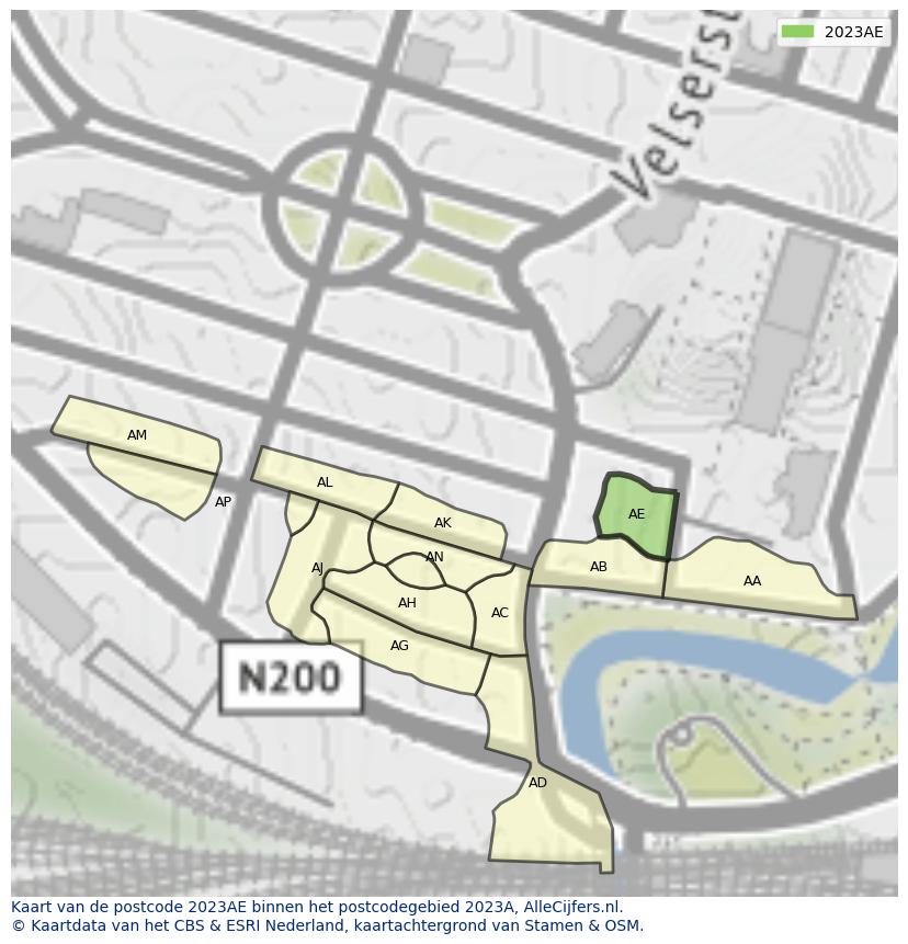 Afbeelding van het postcodegebied 2023 AE op de kaart.