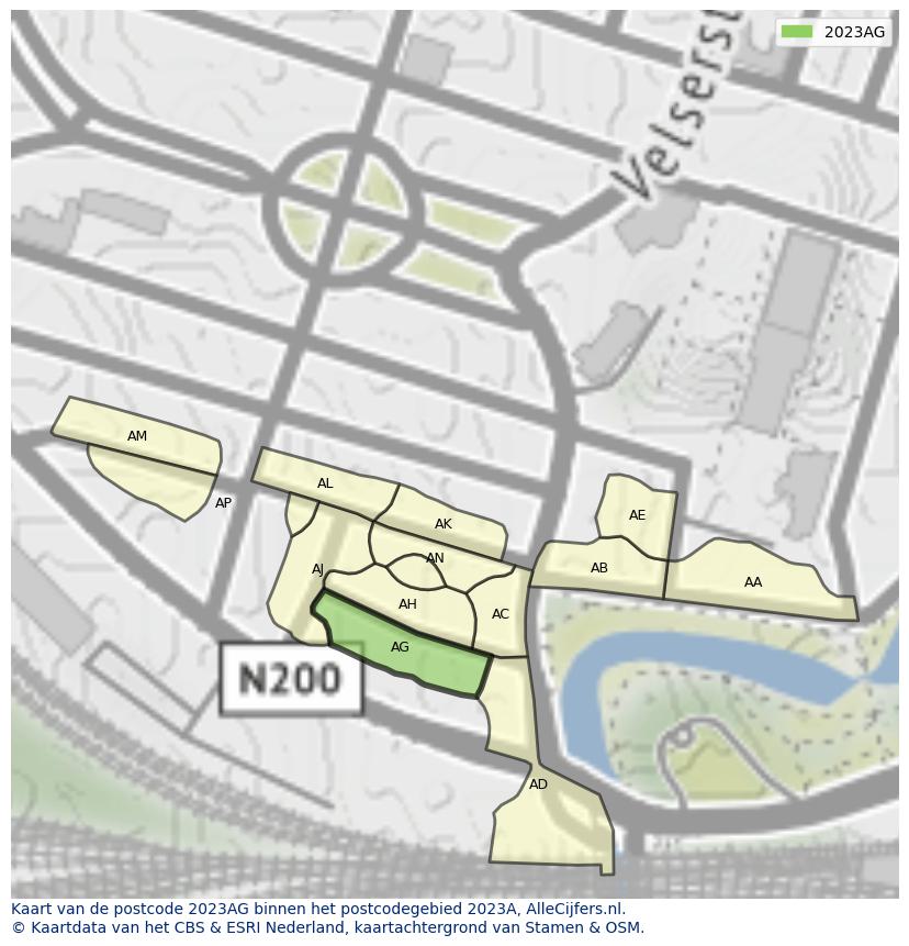 Afbeelding van het postcodegebied 2023 AG op de kaart.