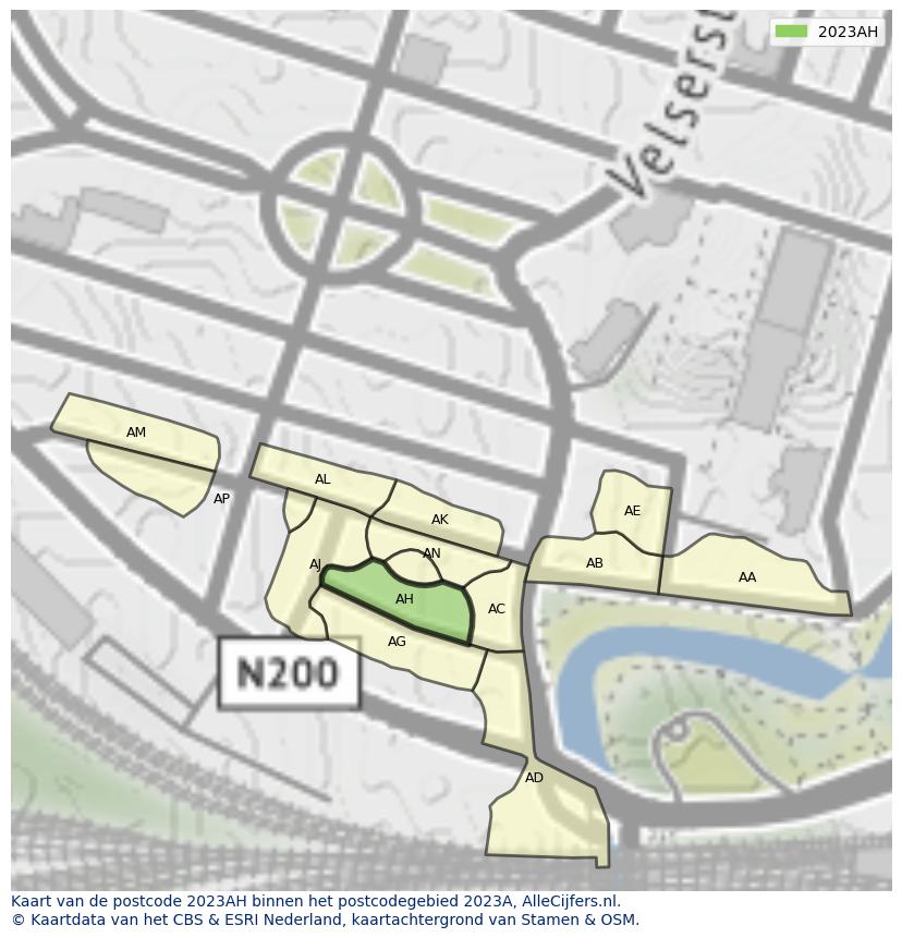 Afbeelding van het postcodegebied 2023 AH op de kaart.