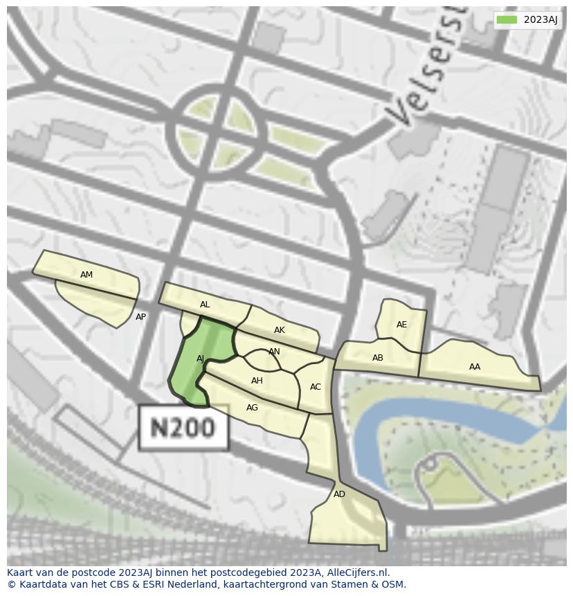 Afbeelding van het postcodegebied 2023 AJ op de kaart.