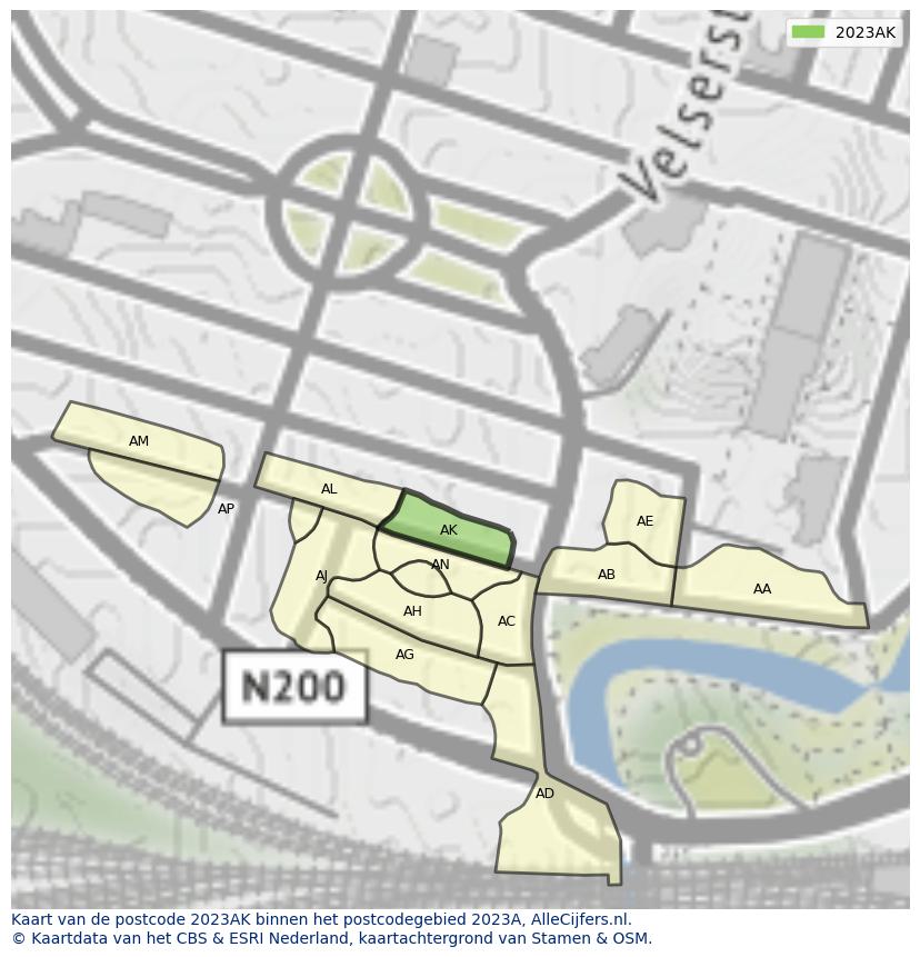 Afbeelding van het postcodegebied 2023 AK op de kaart.