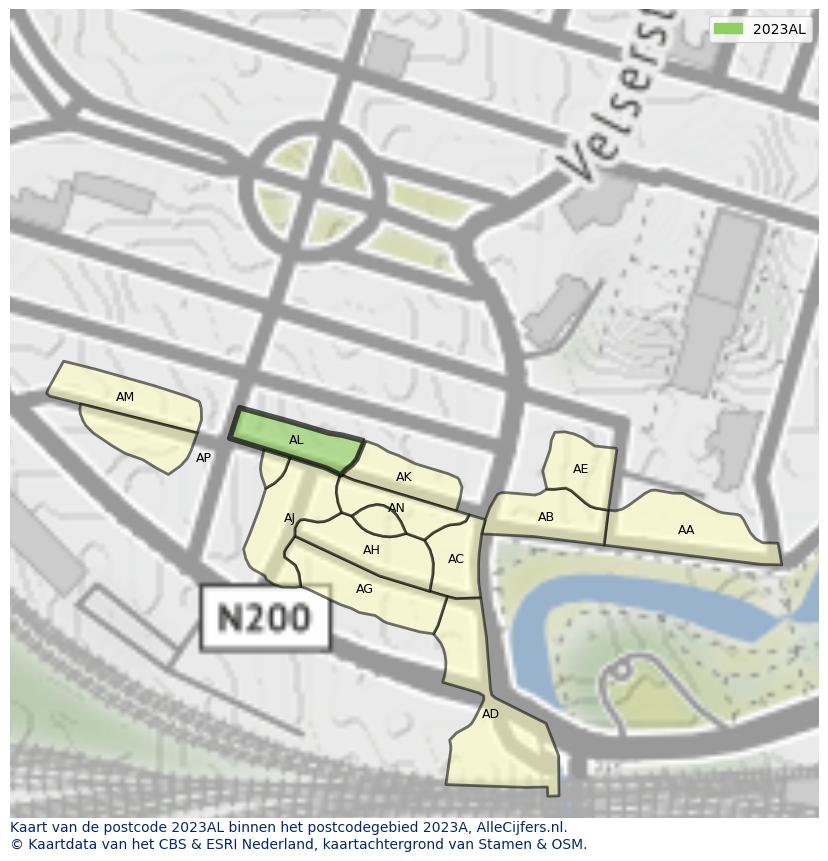 Afbeelding van het postcodegebied 2023 AL op de kaart.