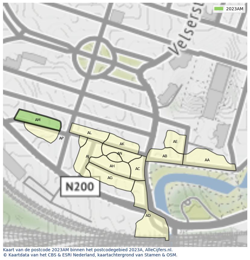 Afbeelding van het postcodegebied 2023 AM op de kaart.
