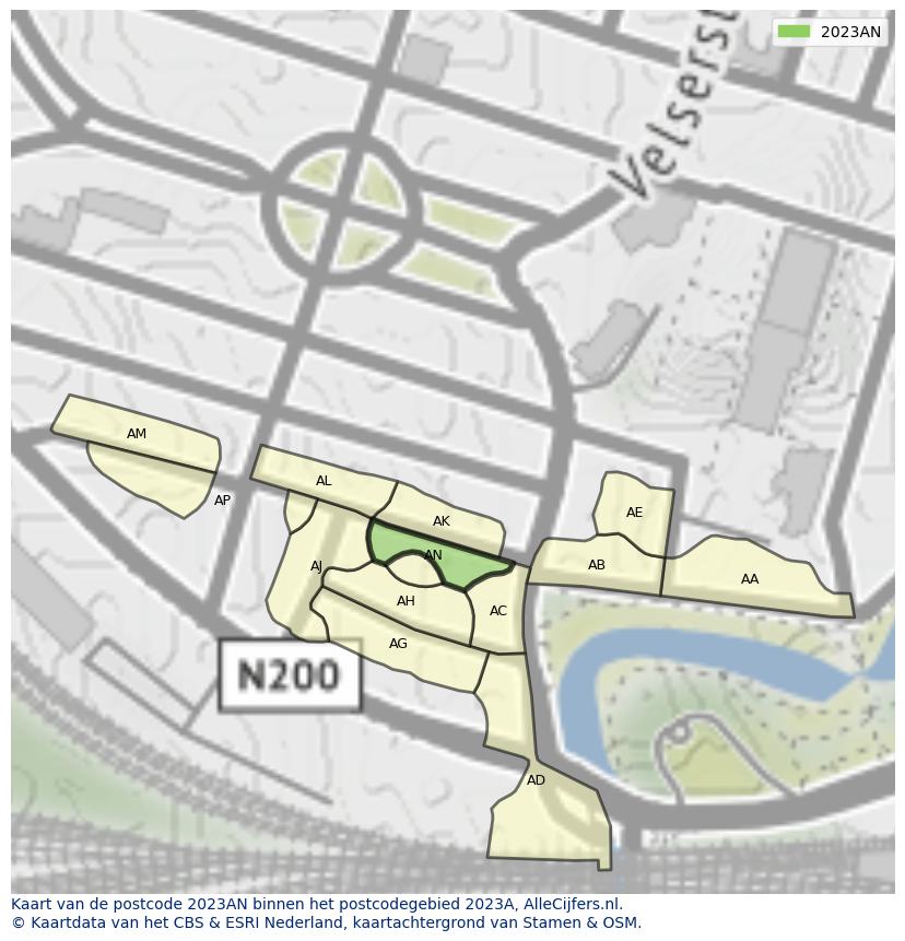 Afbeelding van het postcodegebied 2023 AN op de kaart.