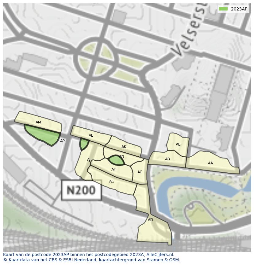Afbeelding van het postcodegebied 2023 AP op de kaart.