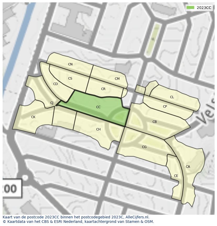 Afbeelding van het postcodegebied 2023 CC op de kaart.