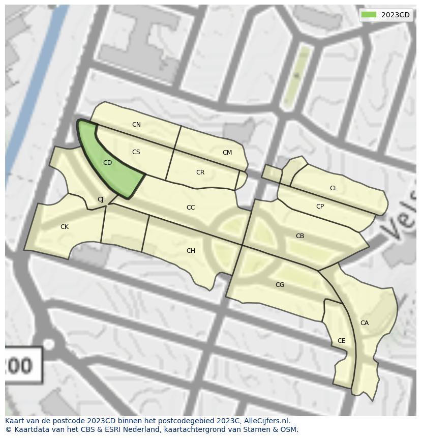 Afbeelding van het postcodegebied 2023 CD op de kaart.