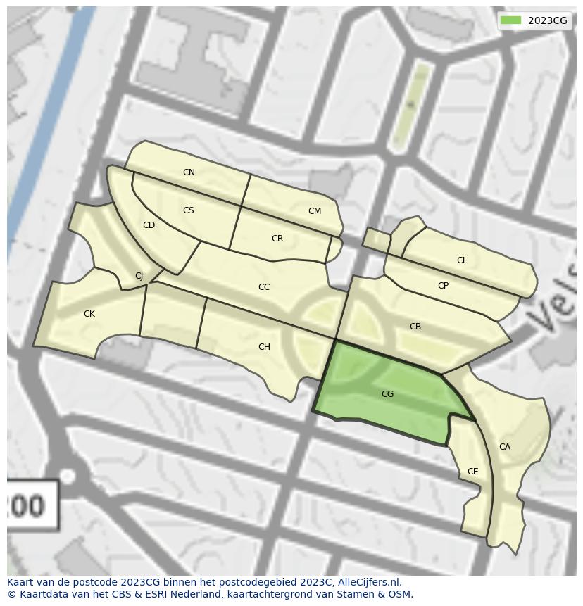 Afbeelding van het postcodegebied 2023 CG op de kaart.