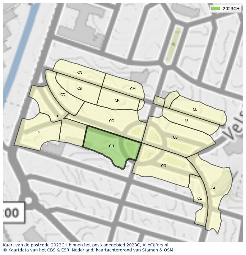 Afbeelding van het postcodegebied 2023 CH op de kaart.