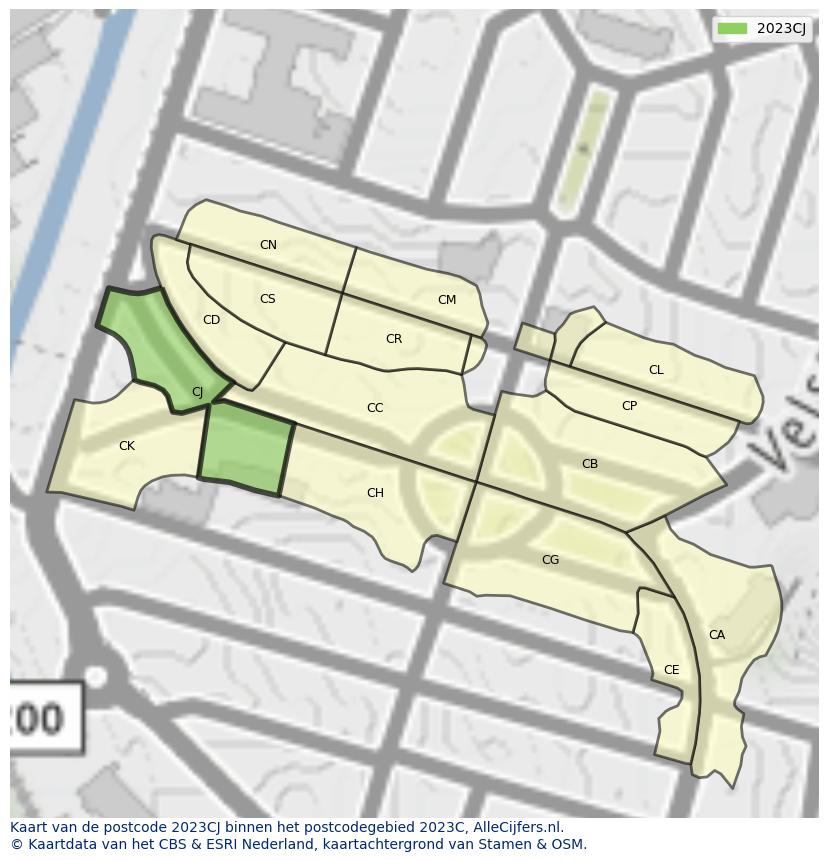 Afbeelding van het postcodegebied 2023 CJ op de kaart.