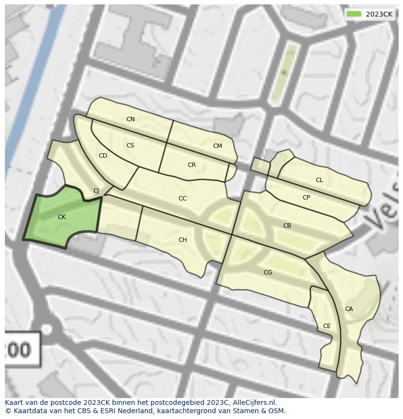Afbeelding van het postcodegebied 2023 CK op de kaart.