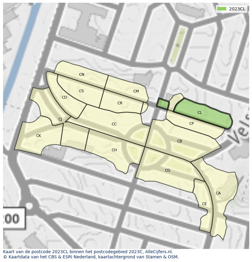 Afbeelding van het postcodegebied 2023 CL op de kaart.
