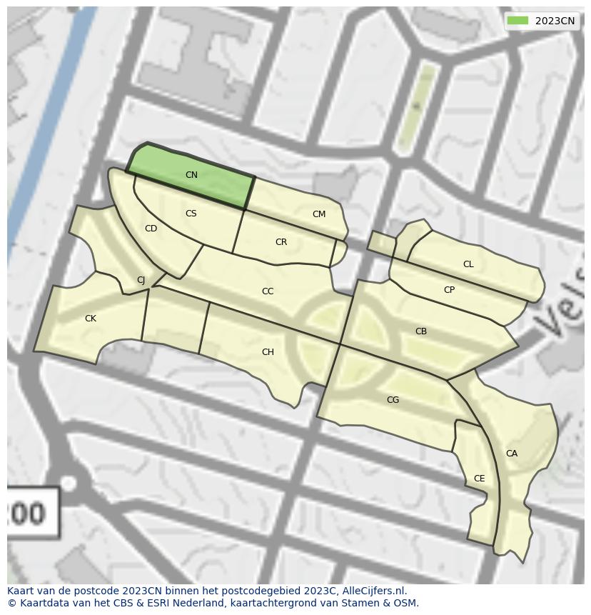Afbeelding van het postcodegebied 2023 CN op de kaart.
