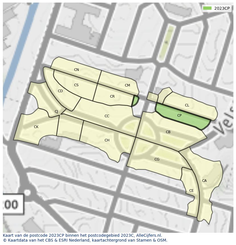 Afbeelding van het postcodegebied 2023 CP op de kaart.