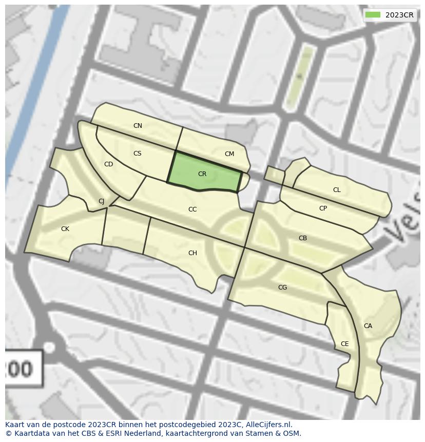 Afbeelding van het postcodegebied 2023 CR op de kaart.