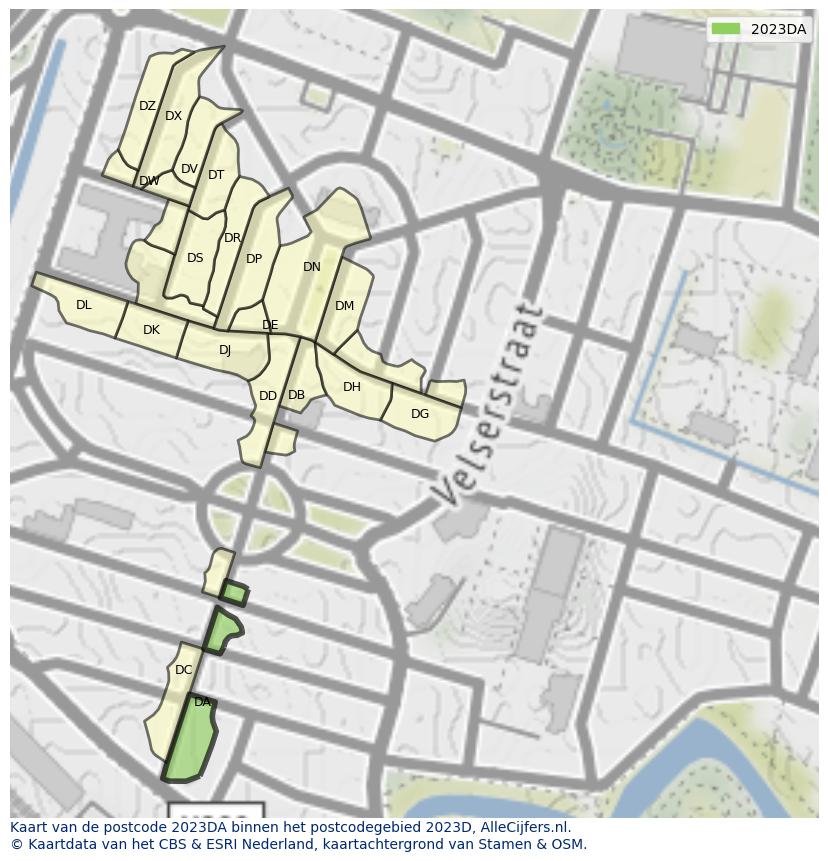 Afbeelding van het postcodegebied 2023 DA op de kaart.